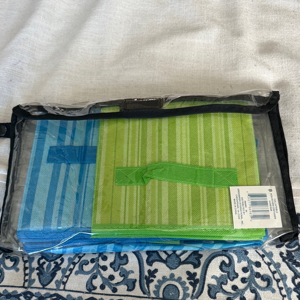 Striped Blue Green storage box 11 by 11” by 8” tall and two 7” by 7” by 7” tall